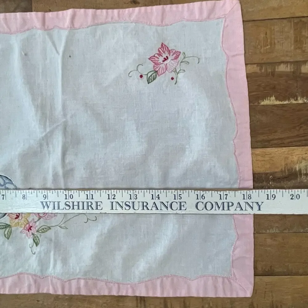 Vintage Floral Hand Embroidered Placemats Napkins Set Of 4 Pink Trim Border